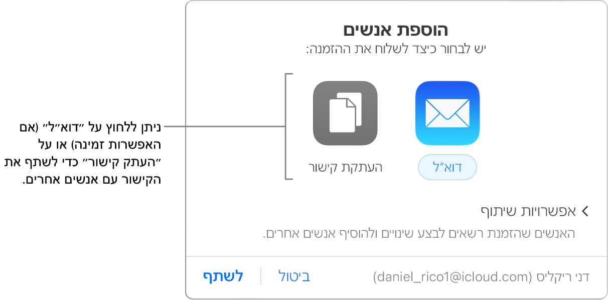 החלון שמופיע כשלוחצים על הכפתור ״שיתוף פעולה״ בסרגל הכלים (לפני שמשתפים גיליון עבודה). הכפתורים ״דוא״ל״ ו״העתק קישור״ מאפשרים לך לבחור איך לשתף את גיליון העבודה.