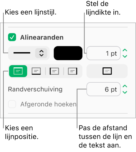 Het aankruisvak 'Alinearanden' is ingeschakeld in het tabblad 'Lay-out' van de navigatiekolom 'Opmaak'. De regelaars voor de lijnstijl, kleur, dikte, positie en afstand tot de tekst worden onder het aankruisvak weergegeven.