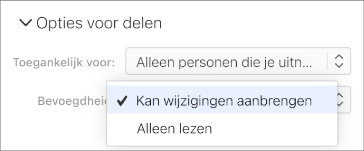Het pop‑upmenu 'Bevoegdheid' onder 'Opties voor delen' is geopend, met opties om in te stellen dat anderen wijzigingen in een spreadsheet kunnen aanbrengen of de spreadsheet alleen kunnen bekijken.