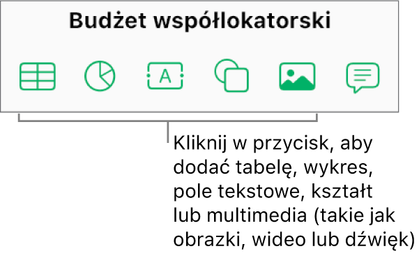 Przyciski Tabela, Wykres, Tekst, Kształt i Multimedia na pasku narzędzi.