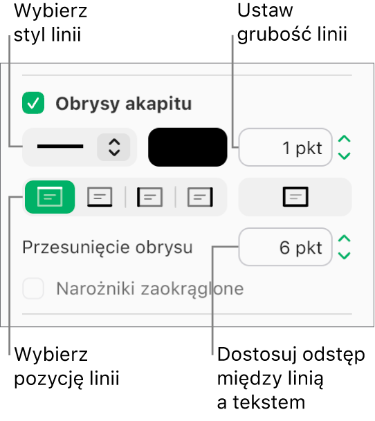 Na pasku bocznym Format, na karcie Układ zaznaczone jest pole wyboru Obrysy akapitu, a pod polem wyboru wyświetlane są narzędzia umożliwiające zmianę stylu, koloru, grubości, położenia i przesunięcia linii.