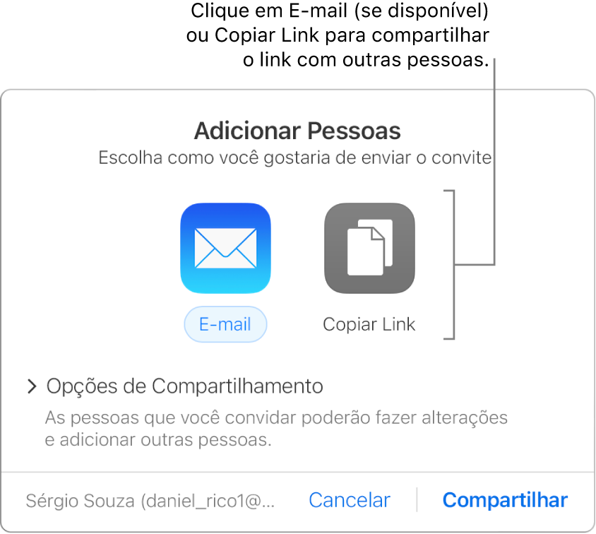 A janela que aparece quando você clica no botão Colaboração na barra de ferramentas (antes de uma planilha ser compartilhada). Os botões E-mail e Copiar link permitem que você escolha como compartilhar a planilha.