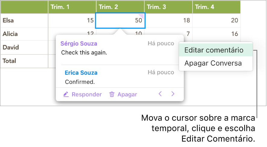 Um comentário está aberto, o cursor está sobre a marcação de data e hora na parte superior e o menu pop-up mostra duas opções: Editar Comentário e Apagar Conversa.