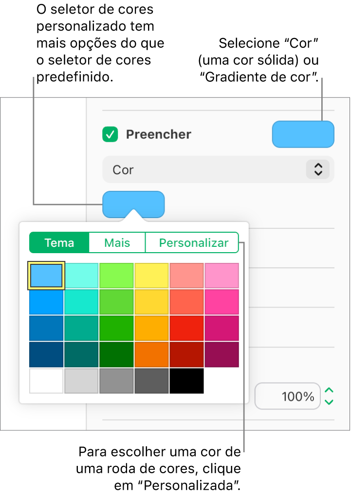 A opção "Preenchimento de cor” está selecionada no menu pop-up sob a opção assinalável "Preenchimento” e a paleta de cores sob o menu pop-up apresenta opções adicionais de preenchimento de cor.