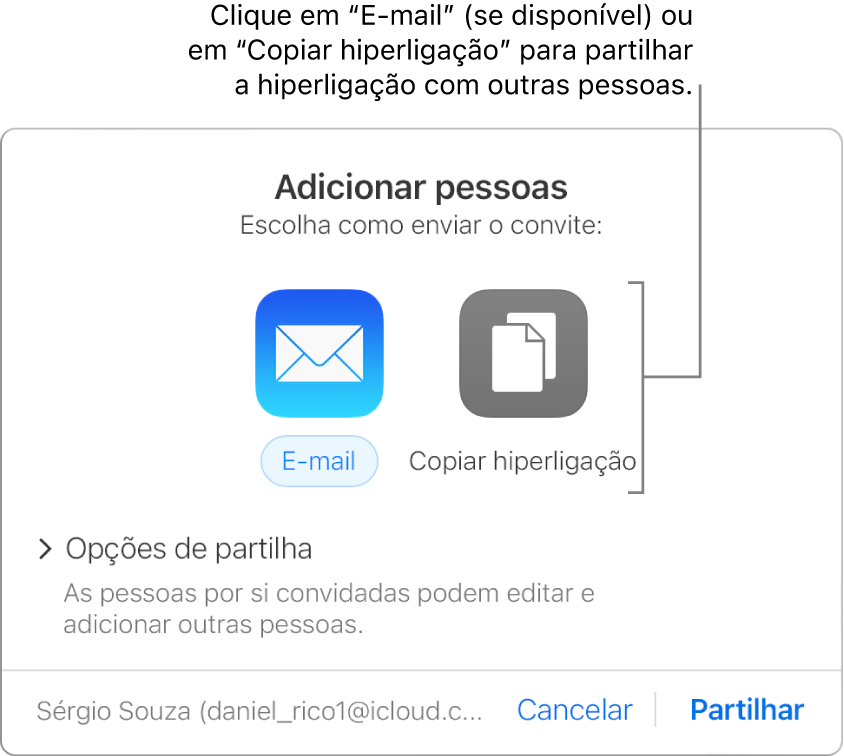 A janela apresentada quando clica no botão "Colaboração” na barra de ferramentas (antes de uma folha de cálculo ser partilhada). Os botões "E-mail” e “Copiar hiperligação” permitem selecionar como partilhar à folha de cálculo.