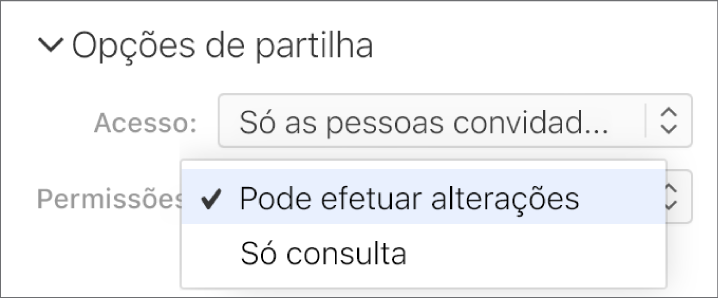 O menu pop-up "Permissão” sob “Opções de partilha” está aberto, com opções que permitem que as pessoas efetuem alterações à folha de cálculo ou apenas a visualizem.