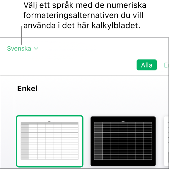 Popupmenyn längst upp till vänster i mallväljaren med engelska (USA) valt.