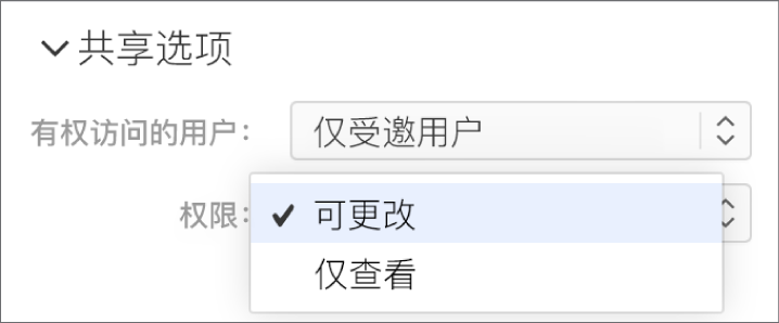 “共享选项”下方的“权限”弹出式菜单已打开，其中包括允许用户更改电子表格或仅查看电子表格的选项。