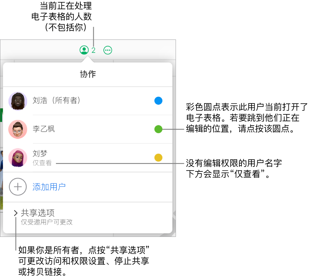“协作”菜单已打开，其中包含一个三位参与者的列表（其中一位的访问权限为“仅查看”），一个“添加用户”选项，以及一个“共享选项”部分，所有者可在此处更改访问和权限设置。