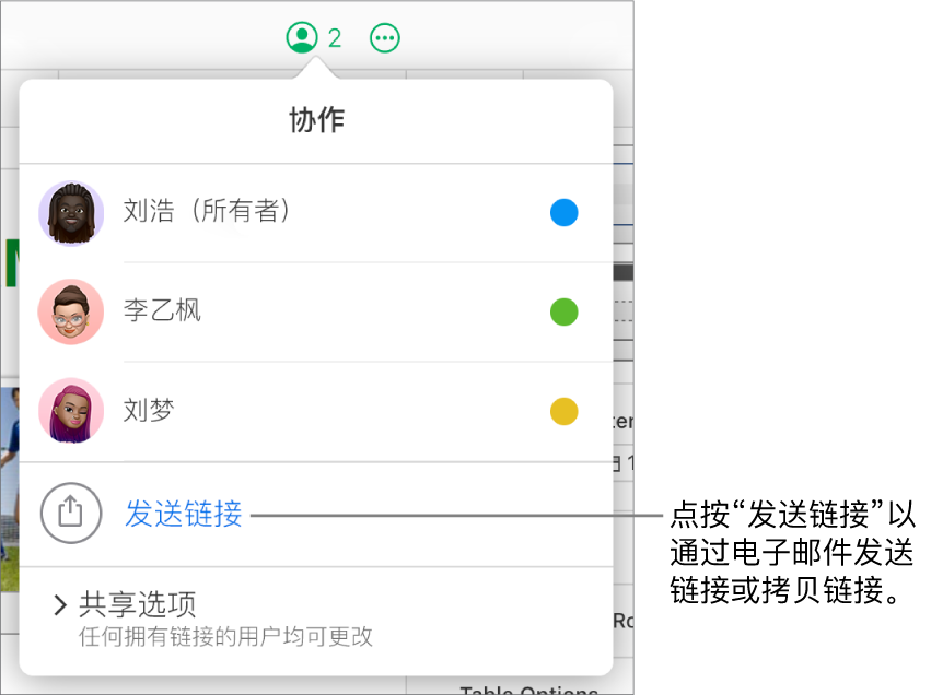 “协作”菜单已打开，参与者列表下方包含一个“发送链接”选项。