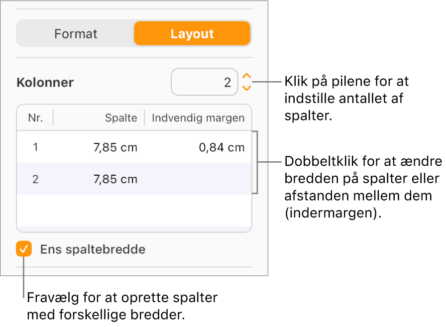 Funktionerne til tekstspalter under Layout i indholdsoversigten Format.