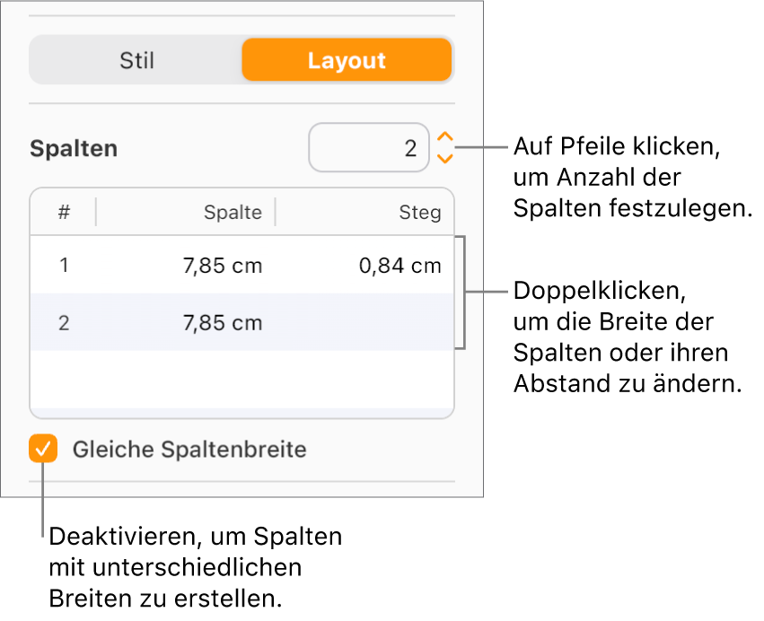Die Steuerelemente für die Textspalten im Bereich „Layout“ der Seitenleiste „Format“.