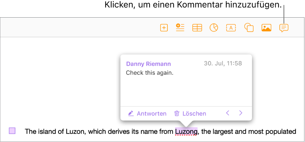 Ein Kommentar wurde zu einigen Texten in einem Dokument hinzugefügt; der Text ist markiert und eine quadratische Markierung erscheint am linken Rand.