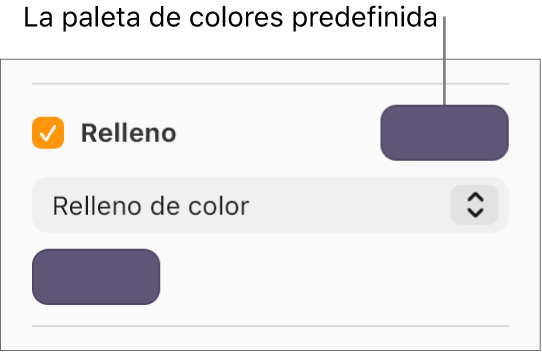 La casilla Relleno está seleccionada y la paleta de colores predefinidos de la derecha muestra el color lila. Debajo de la casilla de selección, está seleccionado “Relleno de color” en un menú desplegable.