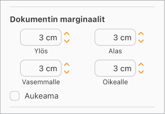 Dokumentti-sivupalkin Dokumentin marginaalit -osio, jossa näkyvät asetukset ylä- ja alamarginaalille sekä vasemmalle ja oikealle marginaalille.