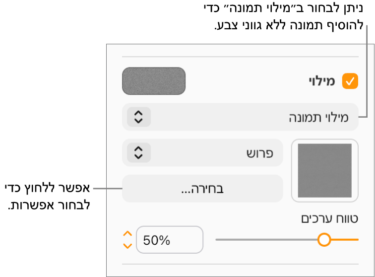 תיבת הסימון ״מילוי״ נבחרת בסרגל הצד והאפשרות ״מילוי תמונה״ נבחרת בתפריט הקופץ מתחת לתיבת הסימון. פקדים לבחירת תמונה, איך היא ממלאת את האובייקט וקנה המידה של התמונה, מופיעים מתחת לתפריט הקופץ. תצוגה מקדימה של מילוי התמונה מופיעה בריבוע (לאחר שבוחרים תמונה).