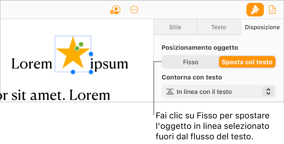 È selezionata un’immagine in linea all’interno del corpo del documento e il pulsante “Rimani sulla pagina” è visibile nel pannello Disposizione nella barra laterale.