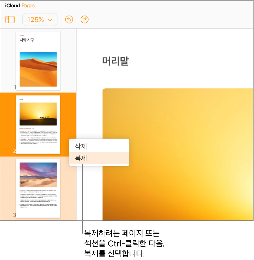선택한 페이지가 어두운 주황색으로 하이라이트되어 있고 같은 섹션의 다른 페이지가 밝은 주황색으로 하이라이트되어 있는 왼쪽 사이드바의 여러 페이지 워드 프로세서 문서의 페이지 썸네일. 팝업 메뉴에는 선택한 섹션을 삭제하거나 복제할 수 있는 옵션이 있습니다.