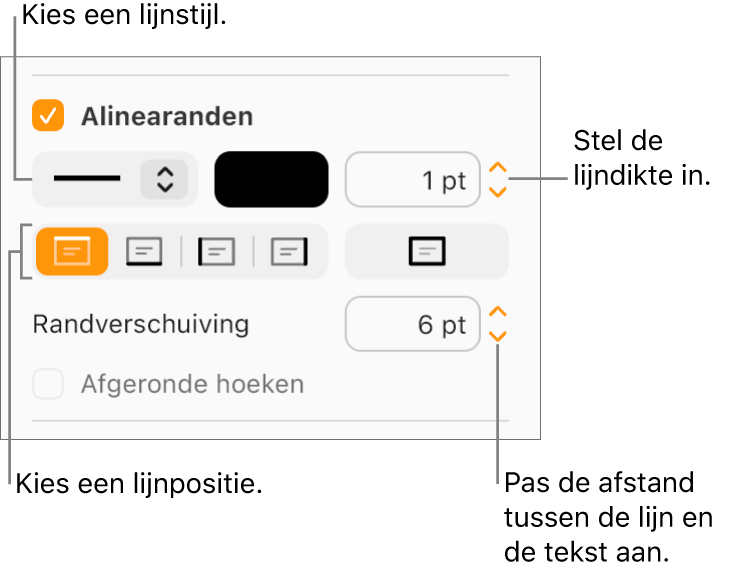 Het aankruisvak 'Alinearanden' is ingeschakeld in het tabblad 'Lay-out' van de navigatiekolom 'Opmaak'. De regelaars voor de lijnstijl, kleur, dikte, positie en afstand tot de tekst worden onder het aankruisvak weergegeven.