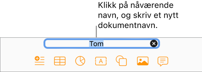 Dokumentnavnet, Tom, valgt øverst på et åpent dokument.