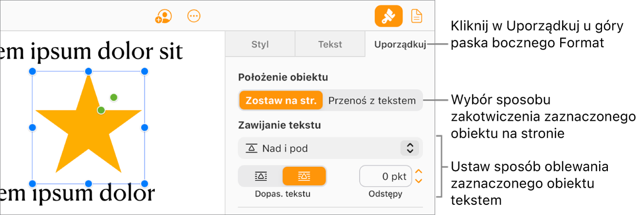 W treści dokumentu zaznaczony jest obrazek; na karcie Uporządkuj na pasku bocznym Format widać, że dla obiektu ustawiona jest opcja Zostaw na str., z zawijaniem tekstu nad i pod obiektem.