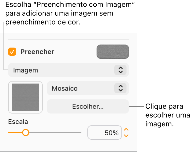 A caixa de seleção Preenchimento é marcada na barra lateral e o Preenchimento de imagem é escolhido no menu pop-up abaixo da caixa de seleção. Controles para escolher a imagem, como ela preenche o objeto e a escala dela são exibidos abaixo do menu pop-up. Uma pré-visualização do preenchimento com imagem aparece no quadrado (depois que uma imagem é escolhida).