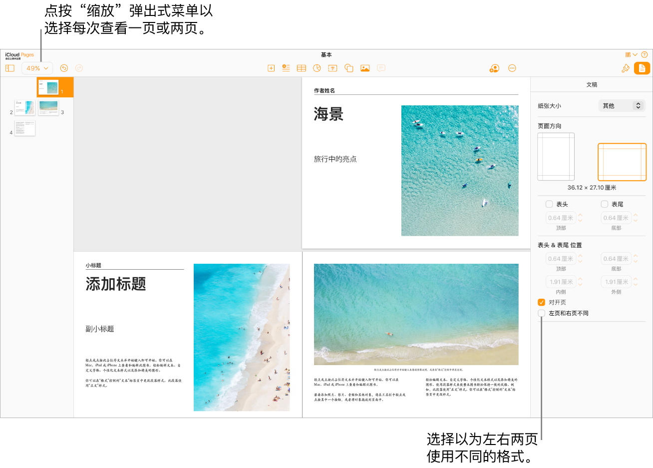 iCloud 版 Pages 文稿窗口,其中显示了页面缩略图和视为跨页的文稿页面。在右侧的“文稿”边栏中,“左页和右页不同”复选框处于未选中状态。