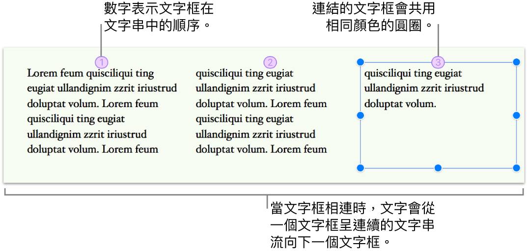 三個連結的文字框已填入文字,並在頁面上並列。每個文字框的最上方有一個含有數字的紫色圓圈,表示其在文字串中的順序。