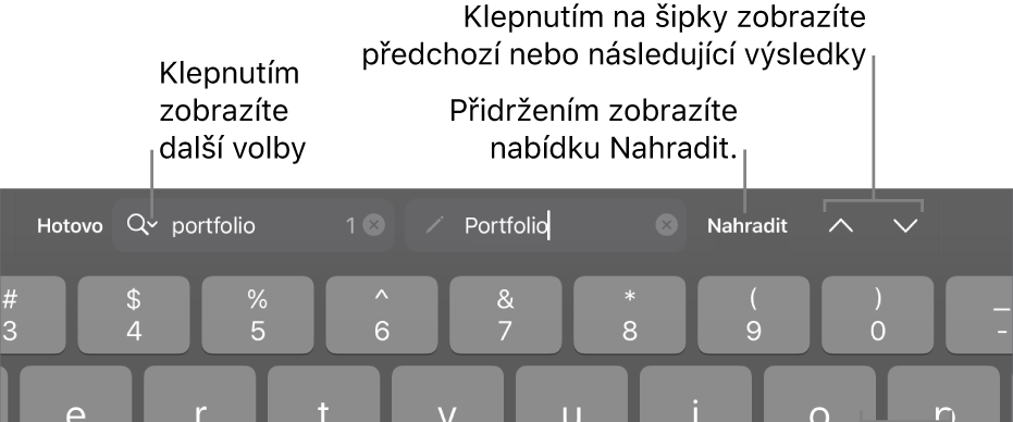 Ovládací prvky hledání a nahrazování nad klávesnicí s popisky u tlačítek Volby hledání, Nahradit, Nahoru a Dolů.