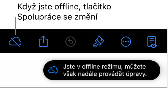 Tlačítka u horního okraje obrazovky, mezi nimiž je tlačítko Spolupráce změněné na ikonu mraku přeškrtnutého diagonální linkou. Na obrazovce se zobrazí upozornění „Jste v offline režimu, můžete však nadále provádět úpravy.“