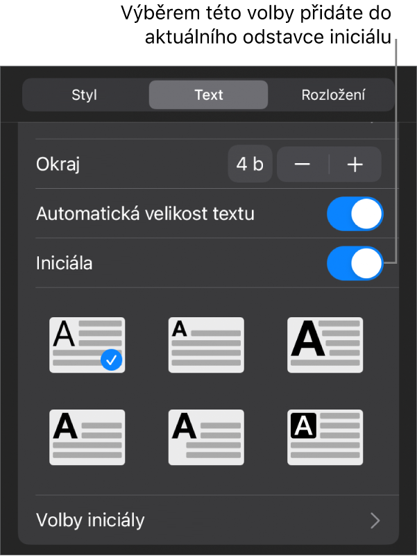 Ovládací prvky pro volbu Iniciála v nabídce Text