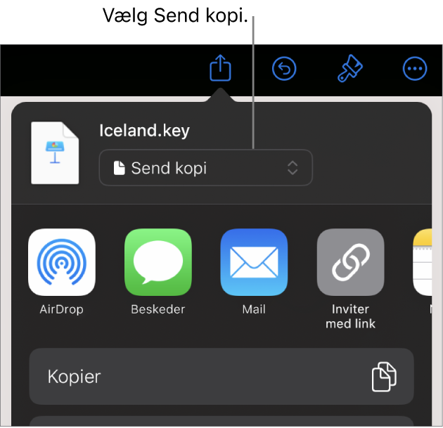 Menuen Del, hvor Send kopi er valgt øverst.