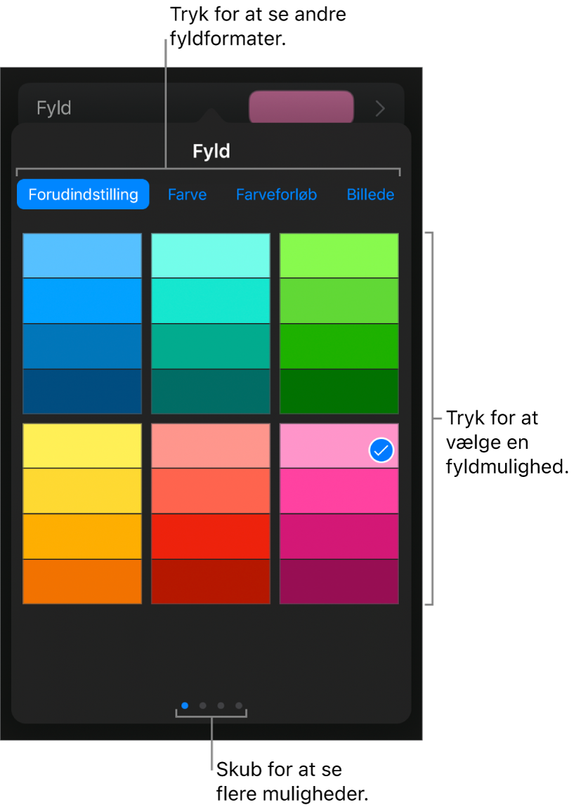 Udfyldningsmuligheder på fanen Format.