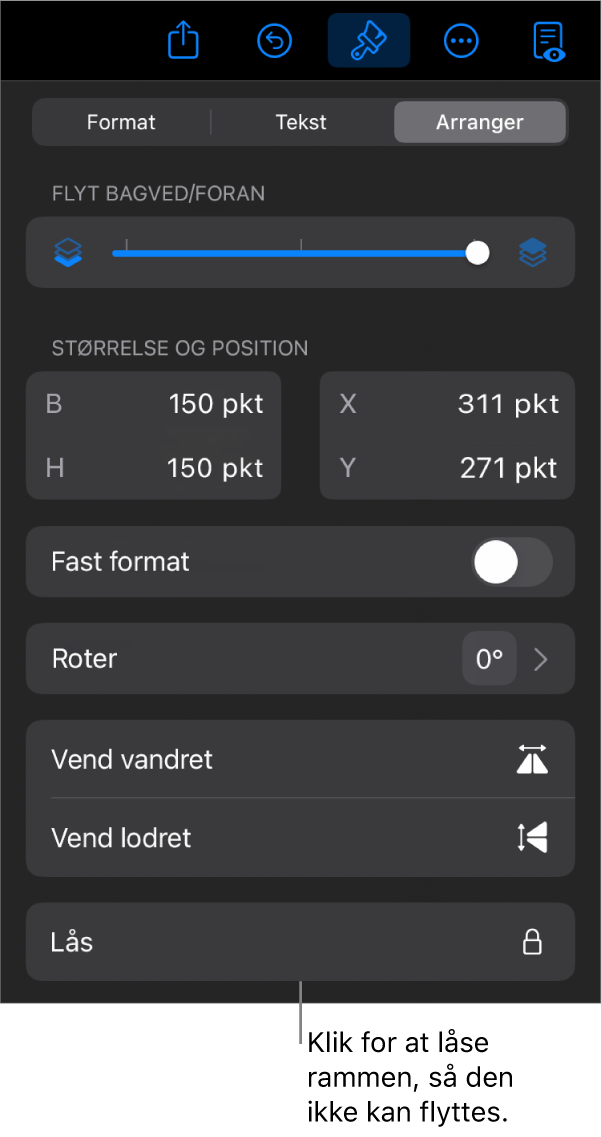 Betjeningsmulighederne under Arranger på menuen Format med knappen Lås fremhævet.