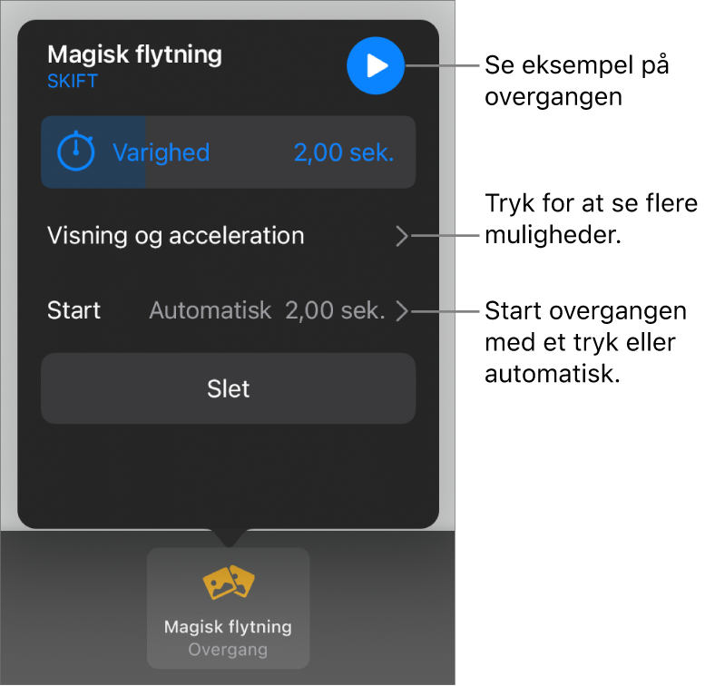 Betjeningsmuligheder til Magisk flytning i vinduet Overgange.