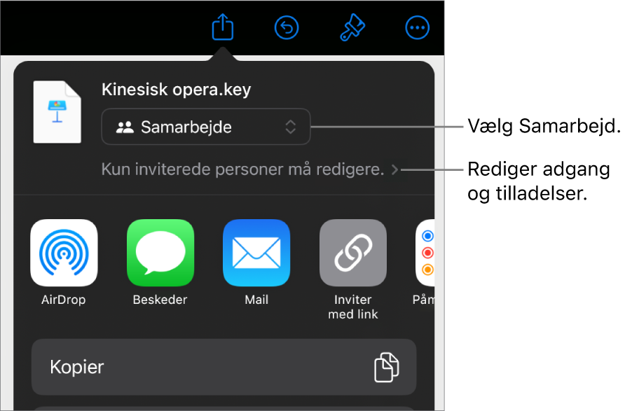 Menuen Del med Samarbejde valgt øverst og adgangs- samt tilladelsesindstillinger nedenunder.