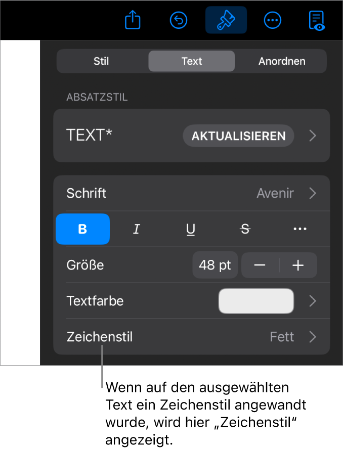 Die Steuerelemente für die Textformatierung mit „Zeichenstil“ unter den Farbsteuerungen Der Zeichenstil „Ohne“ mit einem Stern