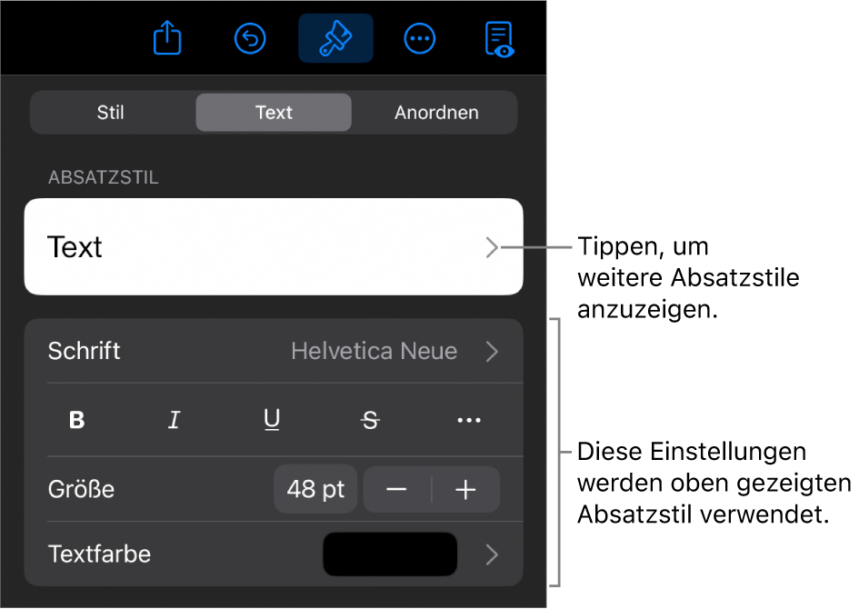Das Menü „Format“ mit Textsteuerelementen zum Festlegen von Absatz- und Zeichenstilen, Schrift, Größe und Farbe