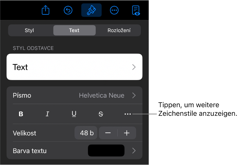 Die Steuerelemente für das Format mit Absatzstilen oben, dann die Steuerelemente für die Schrift. Unter „Schrift“ befinden sich die Tasten „Fett“, „Kursiv“, „Unterstrichen“, „Durchgestrichen“ und „Weitere Textoptionen“.