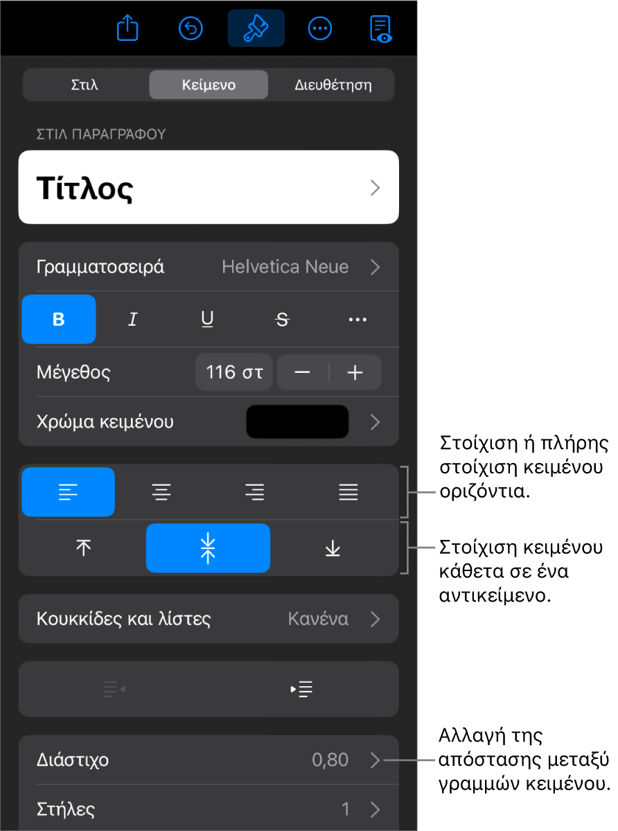 Το τμήμα «Διάταξη» με επεξηγήσεις στα κουμπιά στοίχισης και απόστασης κειμένου.