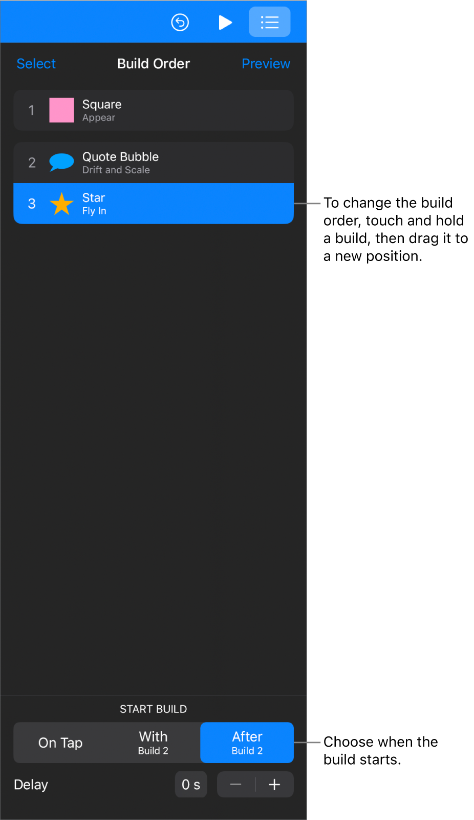 The Build Order list showing build in effects with yellow badges and build out effects with grey badges.