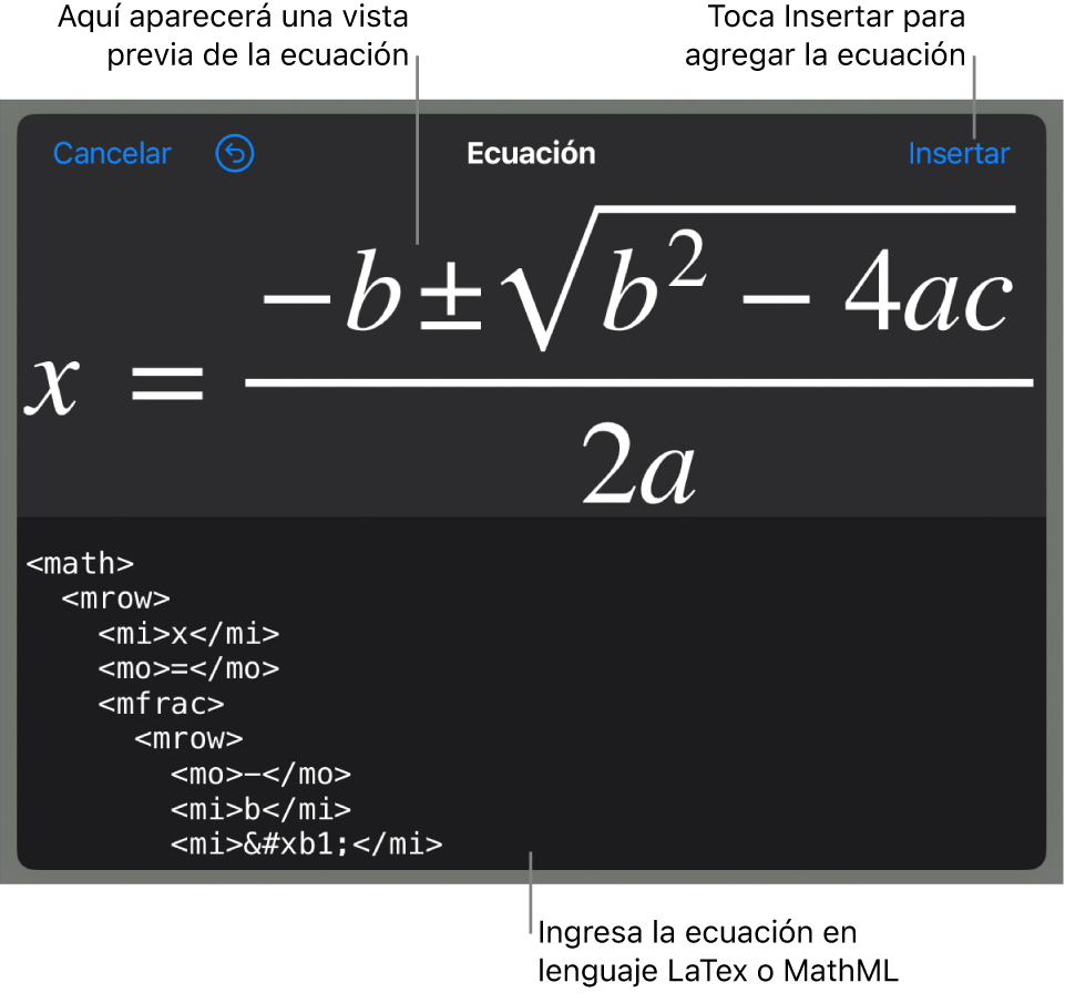 El cuadro de diálogo Ecuación con una ecuación escrita con comandos de MathML y una vista previa de la fórmula encima.