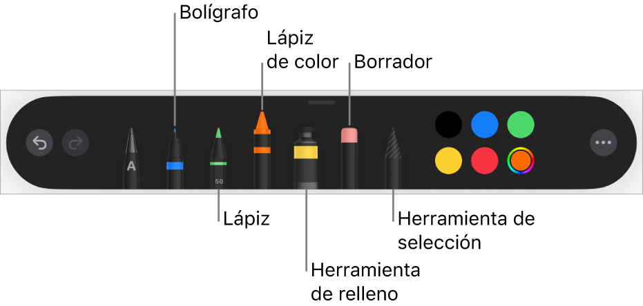 La barra de herramientas de dibujo con un bolígrafo, lápiz, lápiz de color, relleno, borrador, herramienta de selección y paleta de colores, que muestra el color actual.