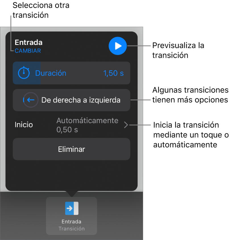 Controles del panel Opciones para modificar una transición.