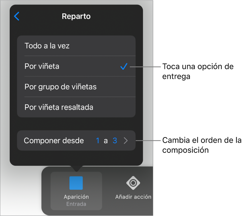 Opciones de Entrega en el panel Entrada.