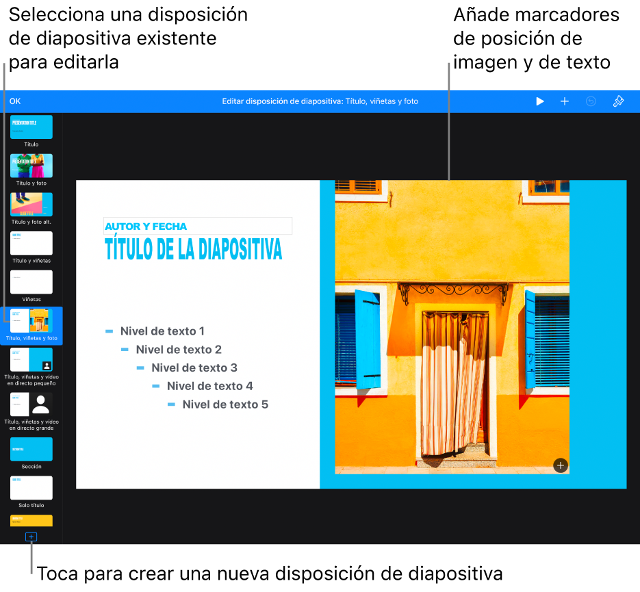 Una disposición de diapositiva en el lienzo de diapositivas con el botón “Añadir disposición de diapositiva” en la parte inferior del navegador de diapositivas.