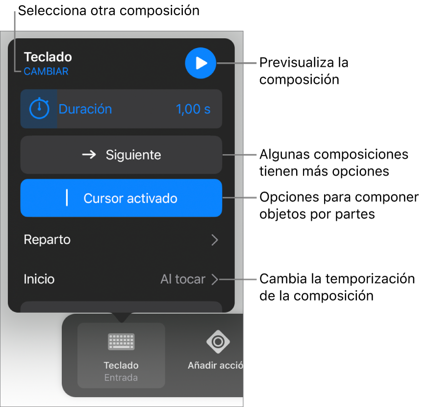 Las opciones de composición incluyen los tiempos de Duración, Entrega e Inicio. Toca Cambiar para seleccionar otra composición o toca Previsualización para previsualizar la composición.