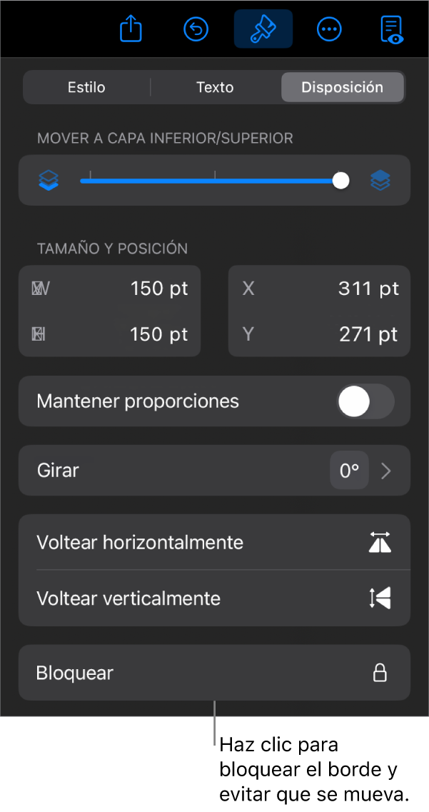 Controles de Disposición en el menú Formato con el botón Bloquear señalado.