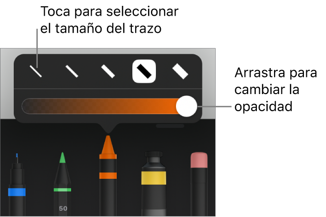 Controles para seleccionar un tamaño de trazo y un regulador para ajustar la opacidad.