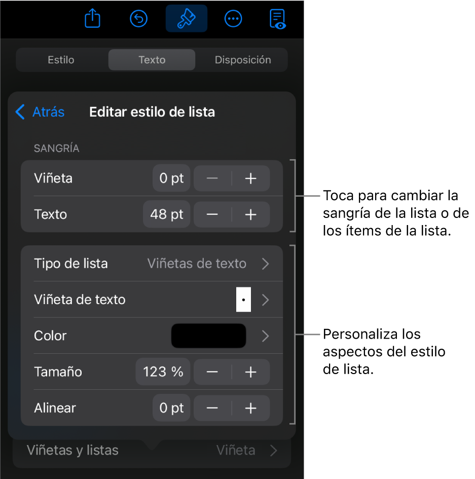 Menú “Editar estilo de lista” con controles para editar el tipo de lista y su apariencia.